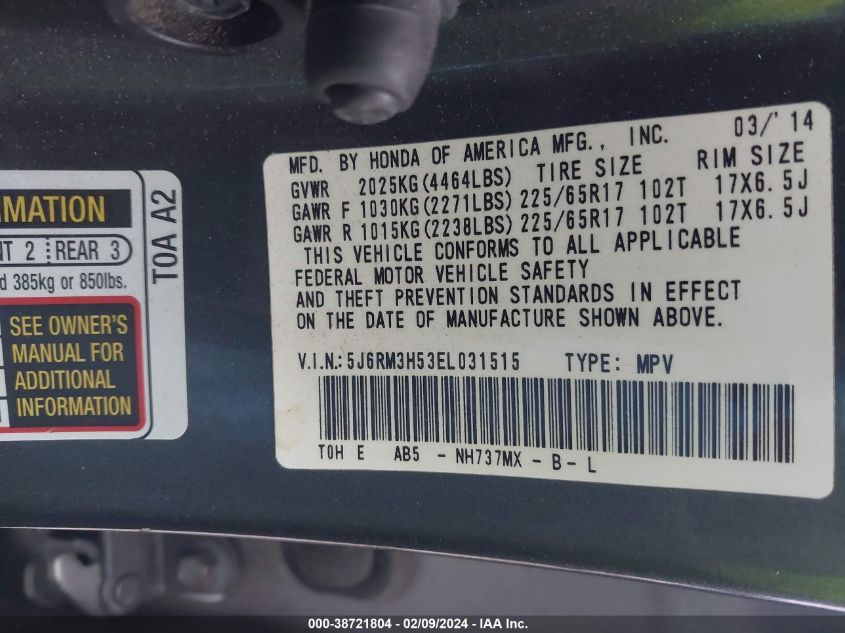 2014 Honda Cr-V Ex VIN: 5J6RM3H53EL031515 Lot: 38721804