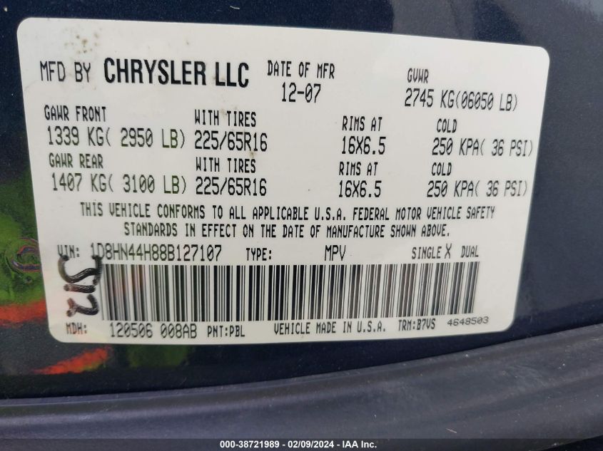 2008 Dodge Grand Caravan Se VIN: 1D8HN44H88B127107 Lot: 38721989