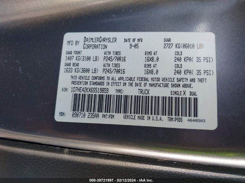 1D7HE42KX6S519859 2006 Dodge Dakota Slt