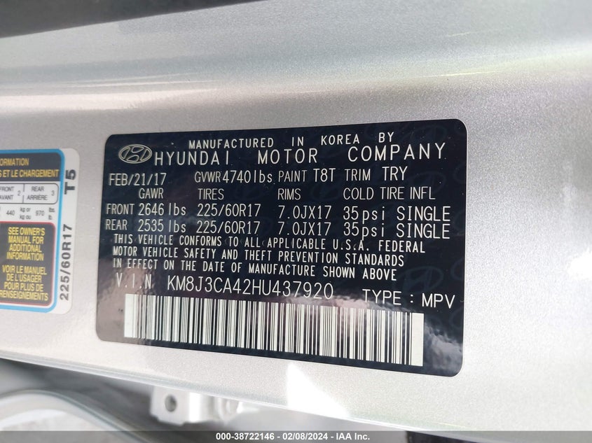 2017 HYUNDAI TUCSON SE PLUS - KM8J3CA42HU437920