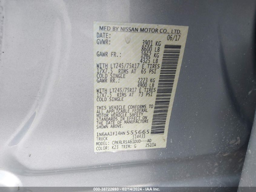 1N6AA1F14HN555665 2017 Nissan Titan Xd S Gas