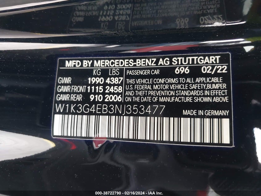 2022 MERCEDES-BENZ A-CLASS VIN: W1K3G4EB3NJ353477