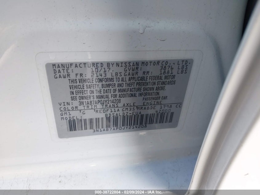 VIN 3N1AB7AP0JY214208 2018 NISSAN SENTRA SV