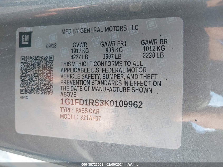 VIN 1G1FD1RS3K0109962 2019 CHEVROLET CAMARO 2LT