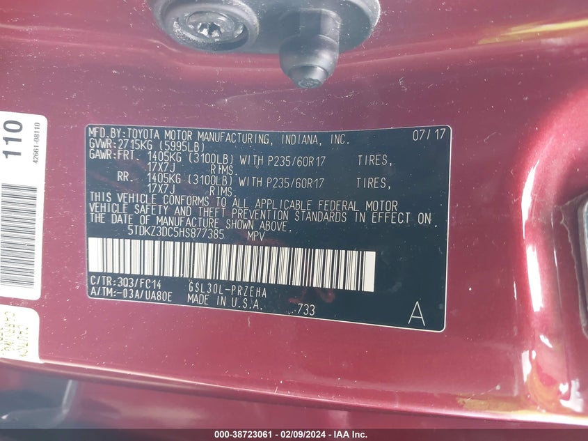 VIN 5TDKZ3DC5HS877385 2017 TOYOTA SIENNA LE 8 PASSENGER