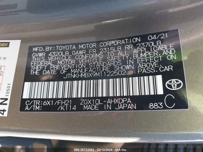VIN JTNKHMBX9M1122502 2021 TOYOTA C-HR LE