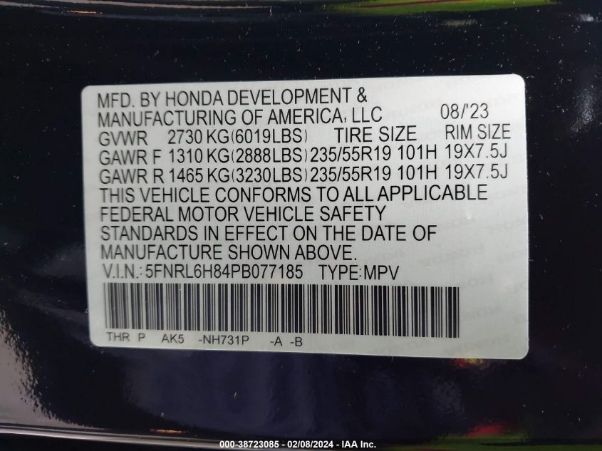 5FNRL6H84PB077185 2023 HONDA ODYSSEY, photo no. 9