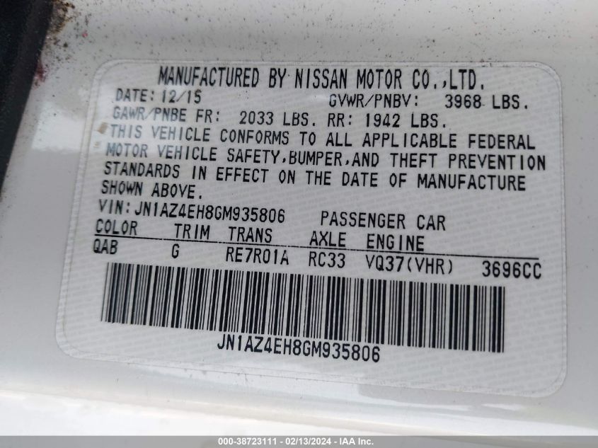 2016 Nissan 370Z Sport Tech VIN: JN1AZ4EH8GM935806 Lot: 38723111
