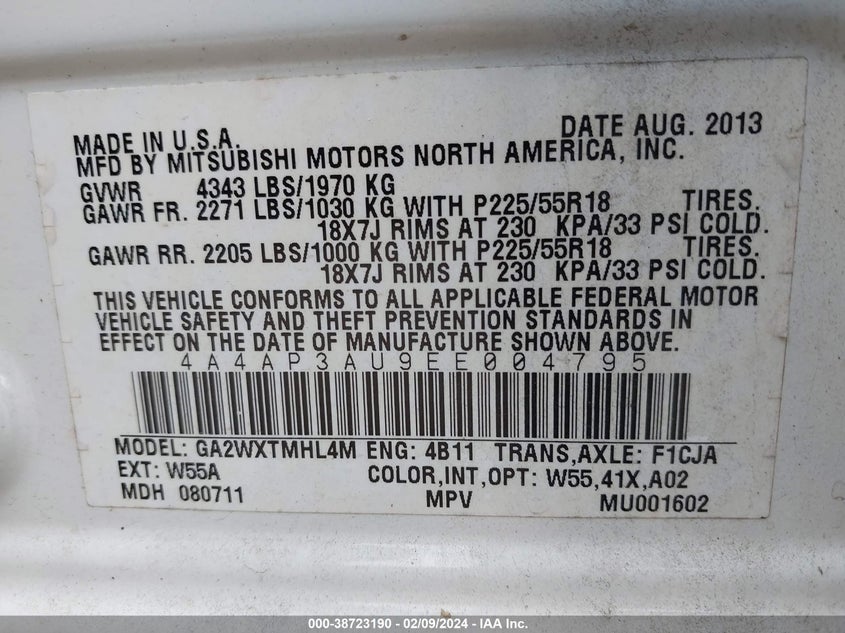 2014 MITSUBISHI OUTLANDER SPORT ES - 4A4AP3AU9EE004795