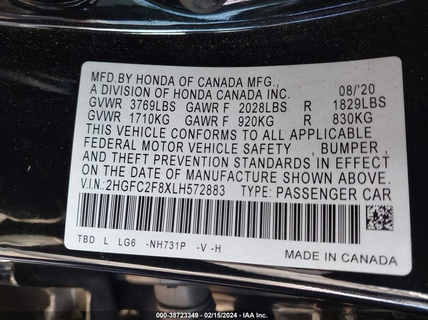 VIN 2HGFC2F8XLH572883 2020 HONDA CIVIC SPORT