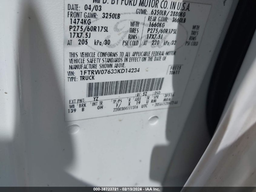 1FTRW07633KD14234 2003 Ford F-150 Lariat/Xlt