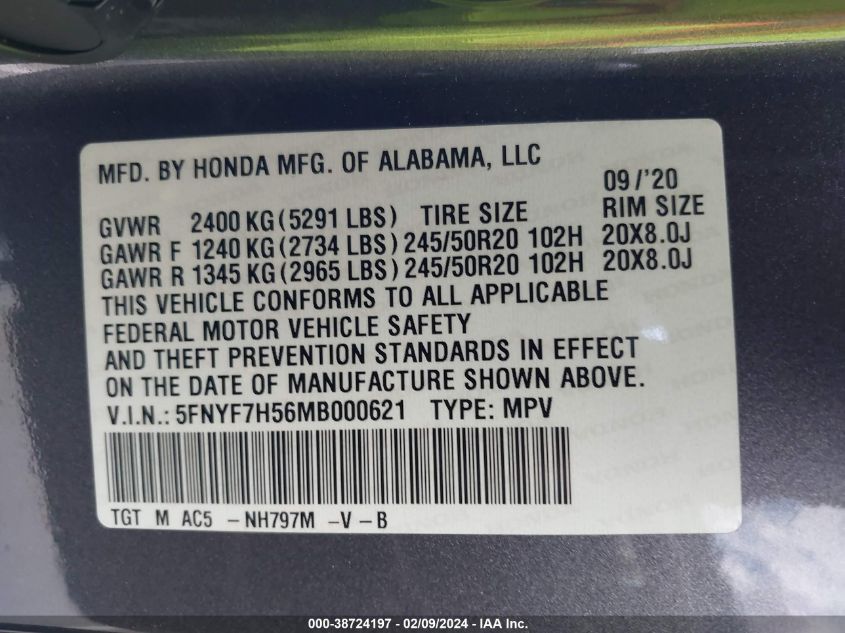 2021 Honda Passport 2Wd Ex-L VIN: 5FNYF7H56MB000621 Lot: 38724197