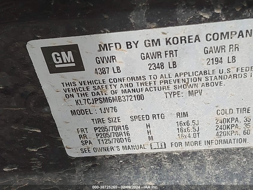 VIN KL7CJPSM6MB372100 2021 CHEVROLET TRAX 1LT
