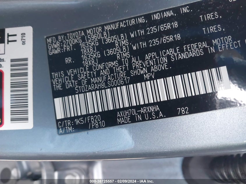 VIN 5TDZARAH8LS000617 2020 TOYOTA HIGHLANDER HYBRID LE