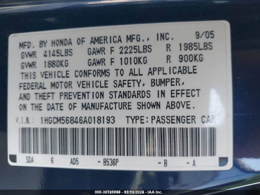 2006 Honda Accord 2.4 Ex VIN: 1HGCM56846A018193 Lot: 38725708