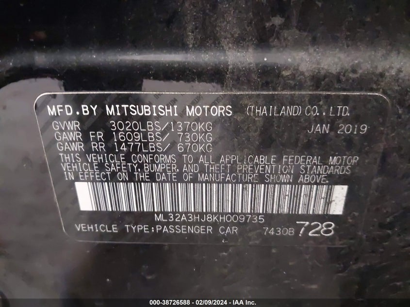 2019 MITSUBISHI MIRAGE ES/RF - ML32A3HJ8KH009735