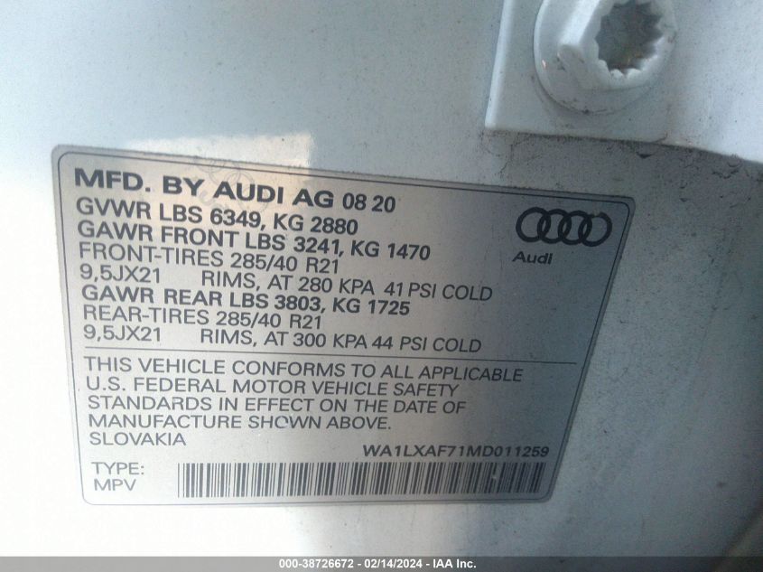 WA1LXAF71MD011259 Audi Q7 PREMIUM PLUS 55 TFSI QUATTRO TIPTRONIC 9