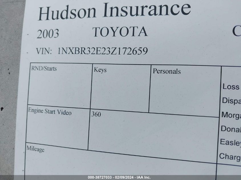 2003 Toyota Corolla Le VIN: 1NXBR32E23Z172659 Lot: 38727033