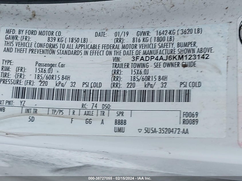 VIN 3FADP4AJ6KM123142 2019 FORD FIESTA S