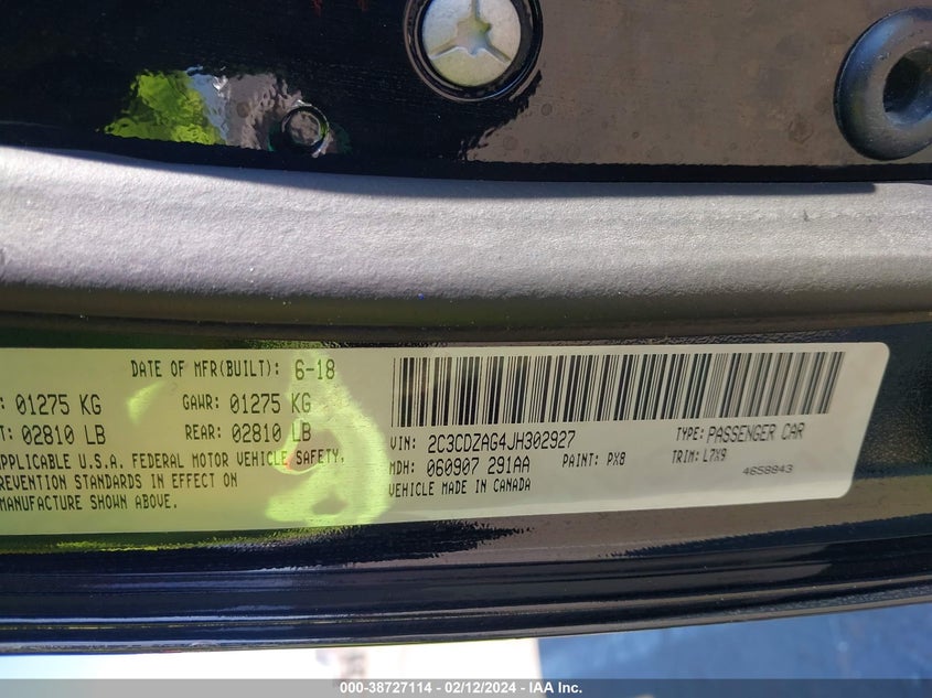 VIN 2C3CDZAG4JH302927 2018 DODGE CHALLENGER SXT