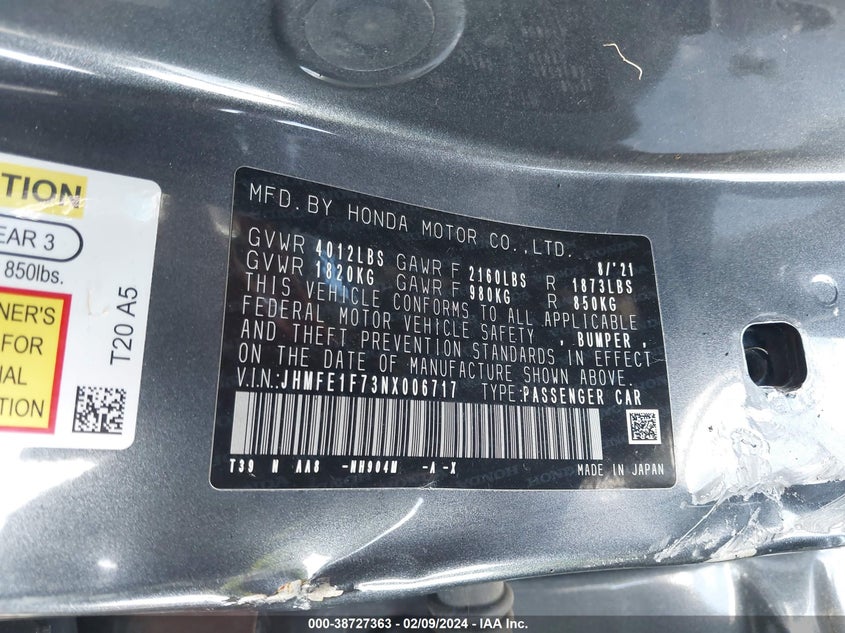 2022 HONDA CIVIC EX - JHMFE1F73NX006717