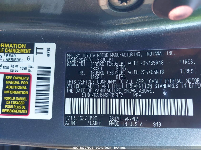 2021 TOYOTA HIGHLANDER VIN: 5TDGZRAH9MS535912