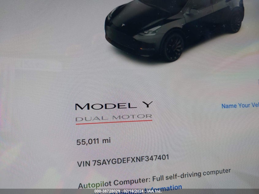 2022 TESLA MODEL Y U   U(VIN: 7SAYGDEFXNF347401