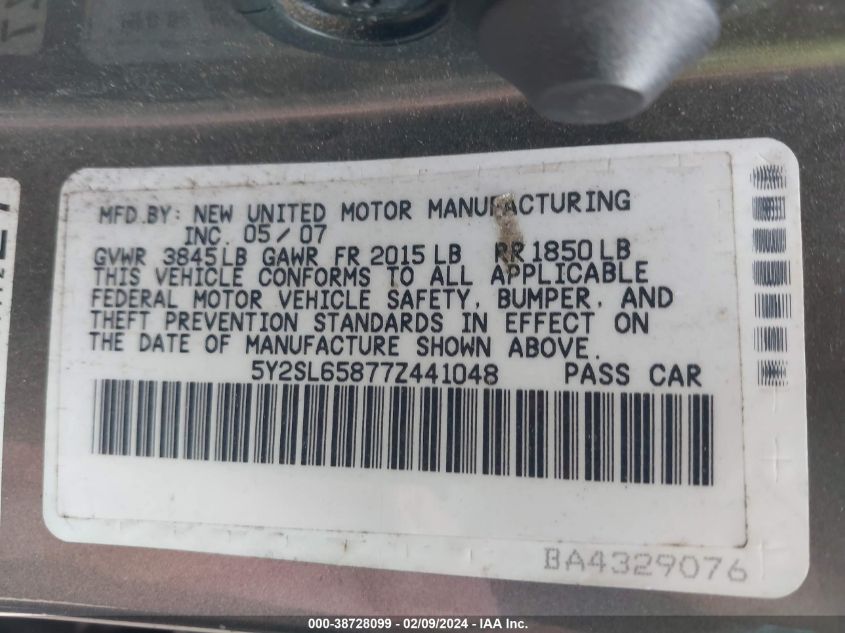 2007 Pontiac Vibe VIN: 5Y2SL65877Z441048 Lot: 38728099