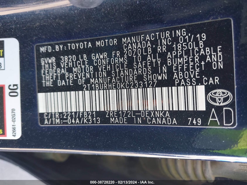 VIN 2T1BURHE0KC233127 2019 TOYOTA COROLLA L/LE/SE/XLE/XSE