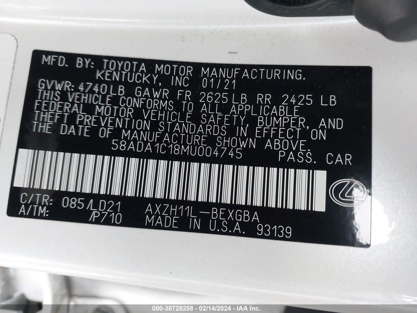 2021 LEXUS ES 300H 2.5L I-4 DI, DOHC, V(VIN: 58ADA1C18MU004745