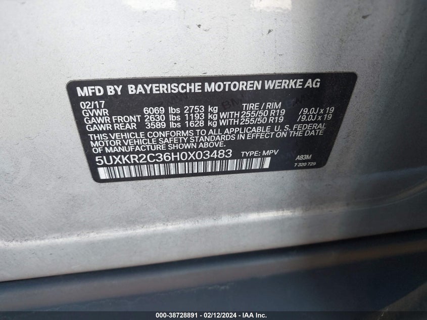 VIN 5UXKR2C36H0X03483 2017 BMW X5 SDRIVE35I