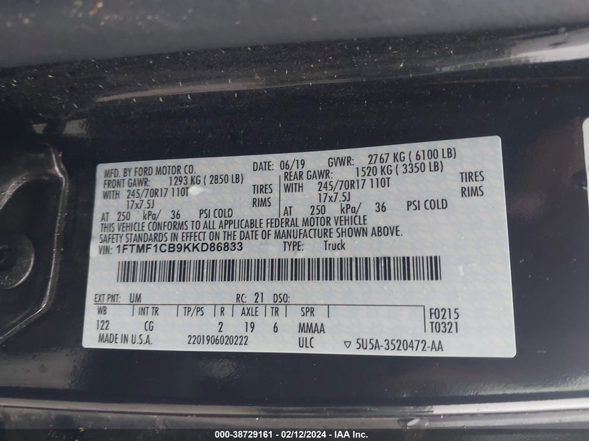 VIN 1FTMF1CB9KKD86833 2019 FORD F-150 XL
