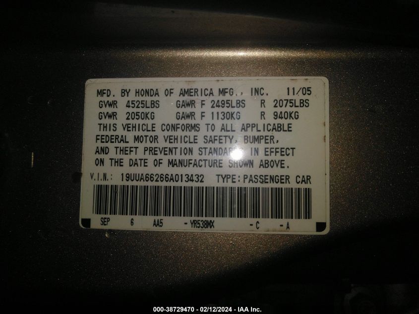 19UUA66266A013432 2006 Acura Tl