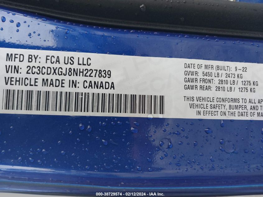 2022 Dodge Charger Scat Pack VIN: 2C3CDXGJ8NH227839 Lot: 38729574