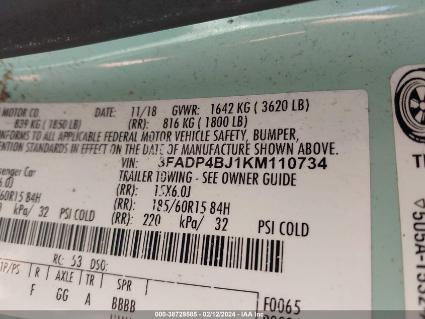 VIN: 3FADP4BJ1KM110734 2019 FORD FIESTA SE