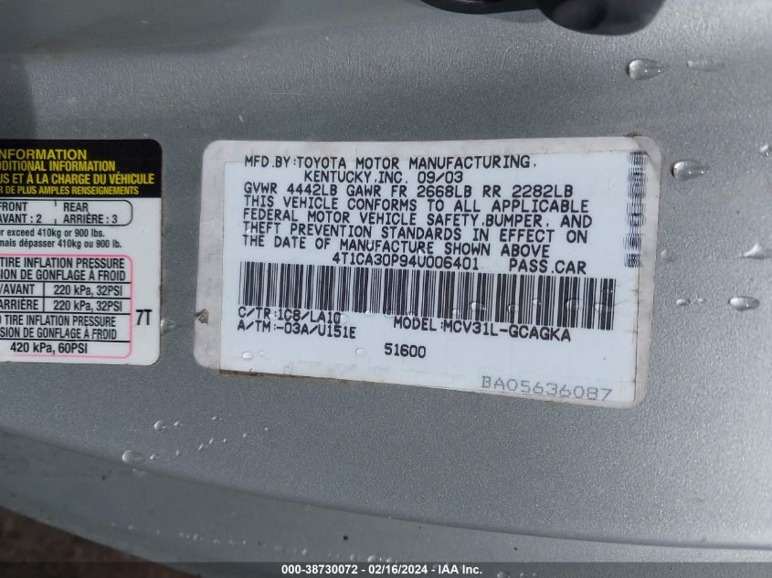 4T1CA30P94U006401 2004 Toyota Camry Solara Sle V6