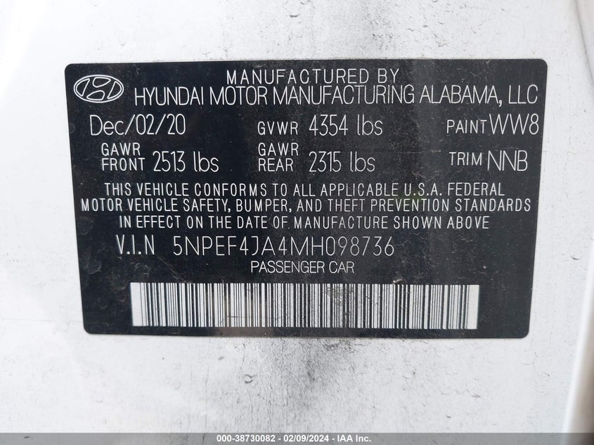 VIN 5NPEF4JA4MH098736 2021 HYUNDAI SONATA SEL