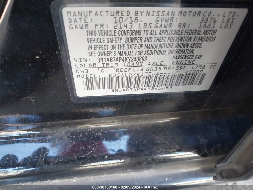 VIN 3N1AB7AP4KY240893 2019 NISSAN SENTRA SV