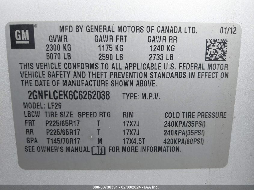 2012 Chevrolet Equinox Ls VIN: 2GNFLCEK6C6262038 Lot: 38730391