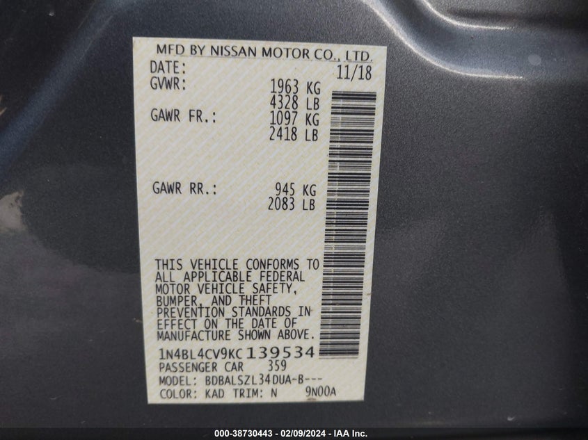 VIN 1N4BL4CV9KC139534 2019 NISSAN ALTIMA 2.5 SR