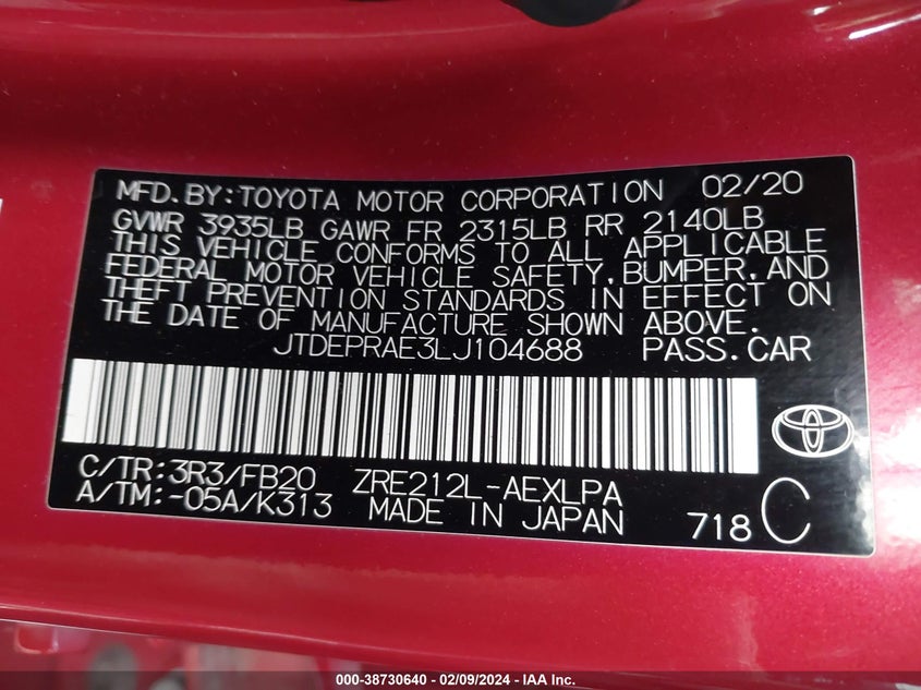 VIN JTDEPRAE3LJ104688 2020 TOYOTA COROLLA LE