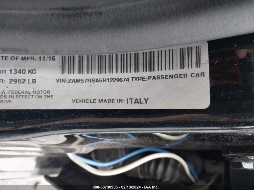 2017 Maserati Ghibli S VIN: ZAM57RSA5H1229674 Lot: 38730905