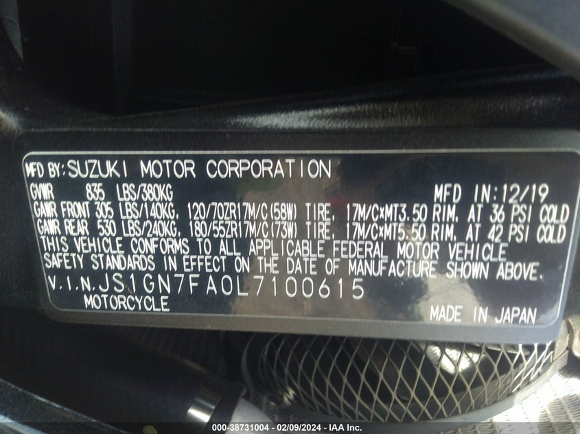 VIN JS1GN7FA0L7100615 2020 SUZUKI GSX-R600