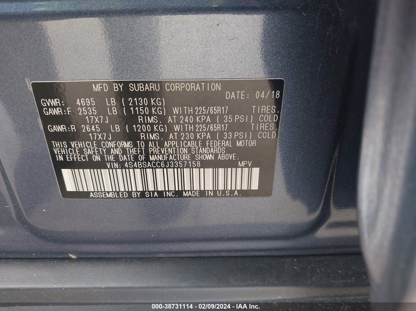 2018 SUBARU OUTBACK 2.5I PREMIUM - 4S4BSACC6J3357158