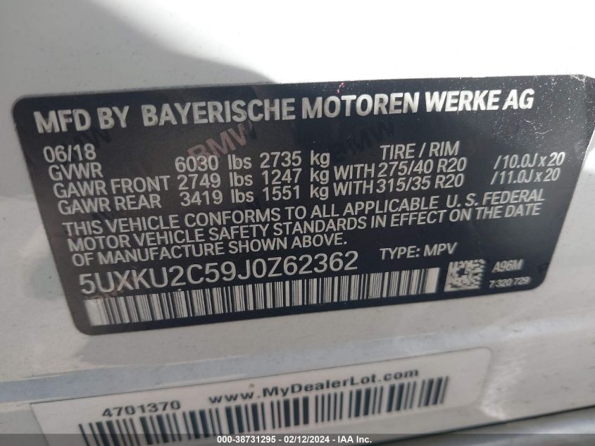 VIN 5UXKU2C59J0Z62362 2018 BMW X6, Xdrive35I no.9