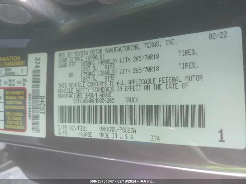 2022 Toyota Tundra Sr5 VIN: 5TFLA5AB6NX004205 Lot: 38731347