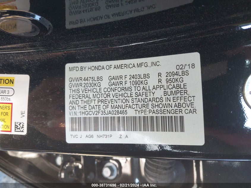 VIN 1HGCV2F35JA028465 2018 HONDA ACCORD SPORT 2.0T