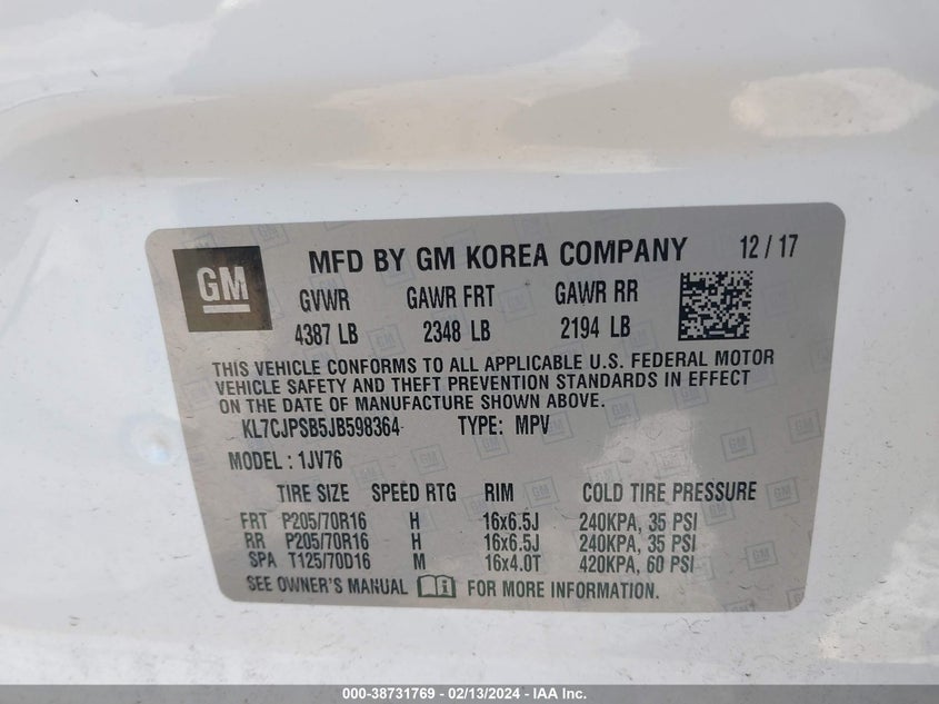 2018 CHEVROLET TRAX 1LT - KL7CJPSB5JB598364