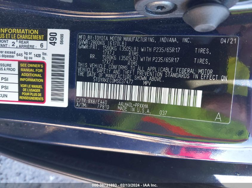 2021 Toyota Sienna Xle VIN: 5TDYRKEC0MS037477 Lot: 38731893