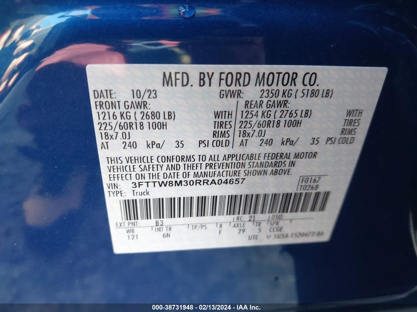 VIN 3FTTW8M30RRA04657 2024 FORD MAVERICK LARIAT